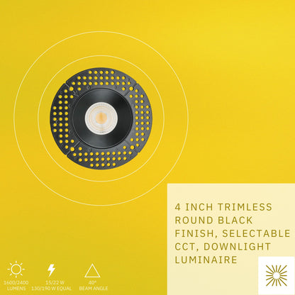 P-6436 4 Inch Trimless Round, Black Finish 15/22W,1600/2400 Lumens 5CCT Recessed Light