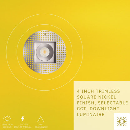 P-6442 4 Inch Trimless Square, Nickel Finish 15/22W,1600/2400 Lumens 5CCT Recessed Light