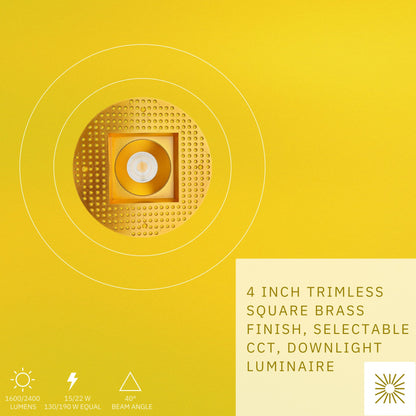 P-6444 4 Inch Trimless Square, Brass Finish 15/22W,1600/2400 Lumens 5CCT Recessed Light