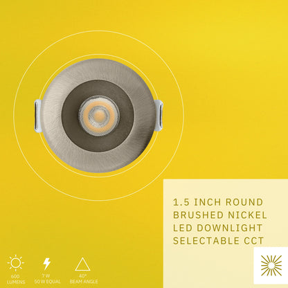 P-6498 1.5 Inch Round Brushed Nickel Smooth, 7 Watts, 600 Lumens 5CCT Recessed Light