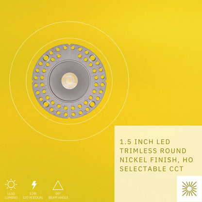 P-6507 1.5 Inch Trimless Round, Nickel Finish 15 Watts, 1100 Lumens 5CCT Recessed Light