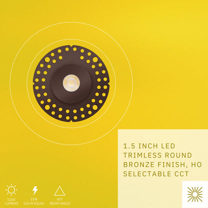 P-6508 1.5 Inch Trimless Round, Bronze Finish 15 Watts, 1100 Lumens 5CCT Recessed Light