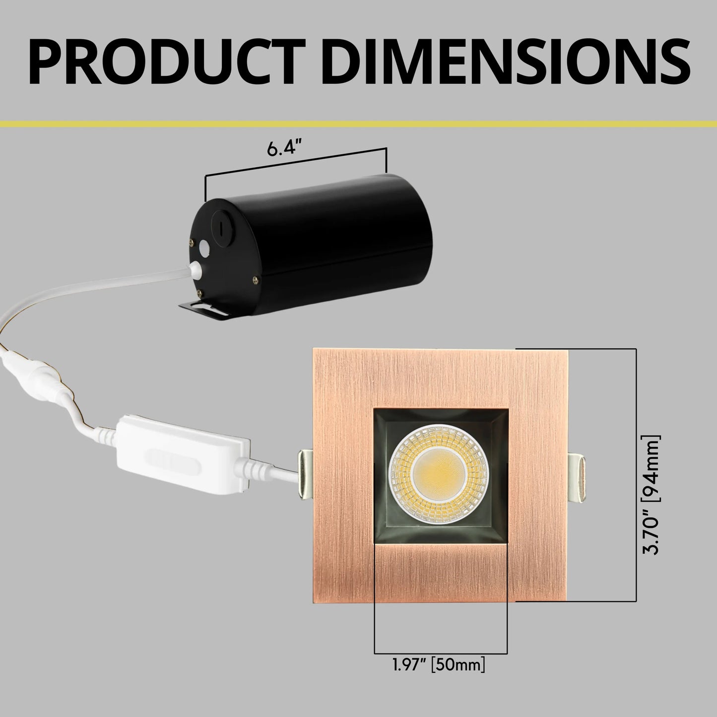 P-6983 3 inch Square Brushed Copper Downlight Luminaire 9W=75W, 850 Lumens, 5CCT